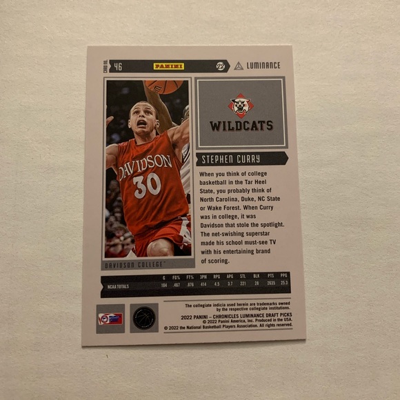 2022 Panini Chronicles Luminance Draft Picks Stephen Curry Davidson University - Picture 2 of 2